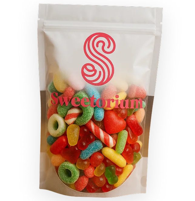 Sweetorium pick 'n' mix pouch — white resealable stand-up pouch with pink Sweetorium logo, filled with a colourful selection of fizzy rings, jelly hearts, candy canes, jelly beans and sugar-coated jellies