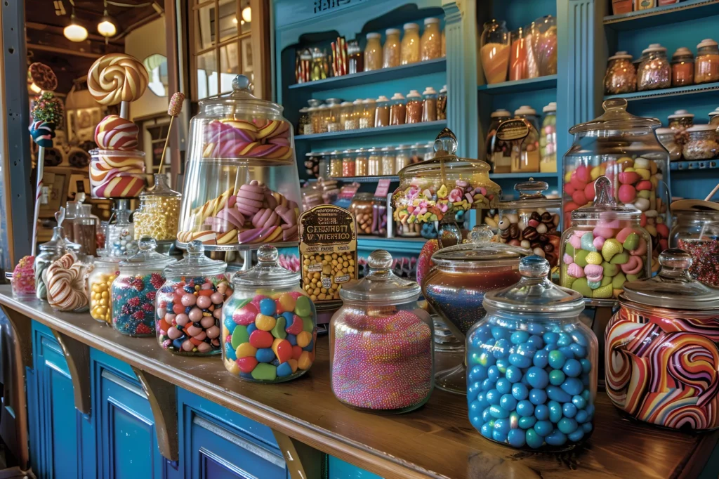 Build Your Own Pick 'n' Mix — a nostalgic sweet shop counter lined with glass apothecary jars filled with colourful jelly beans, gobstoppers, bonbons, swirled candies and chocolates, set against bright blue cabinetry with giant striped swirl lollipops and rows of jars on the shelves behind
