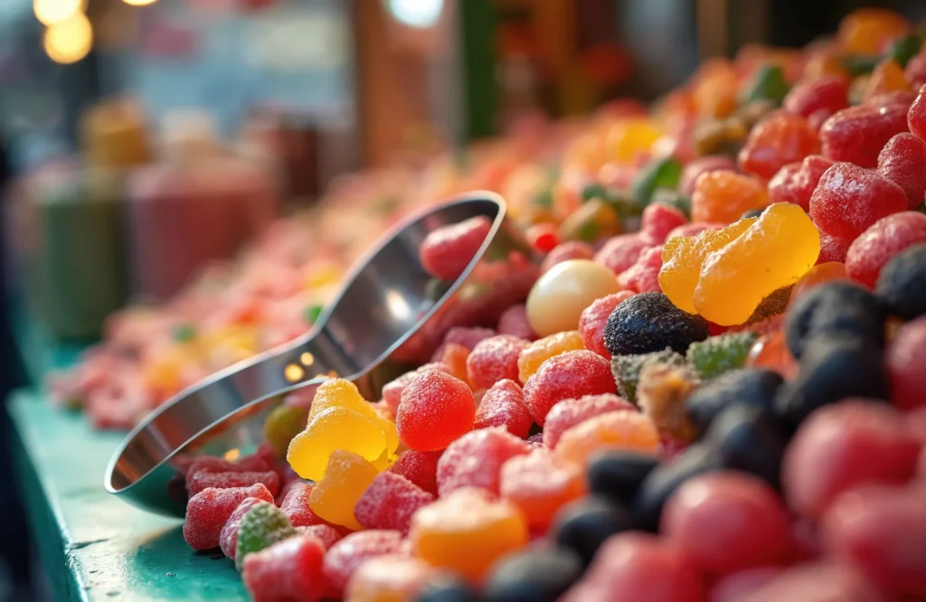 Clearance Sweets — close-up of a colourful spread of assorted jelly sweets, gummies and sugar-coated jellies in red, yellow, orange and dark purple, with a stainless steel scoop resting in the pile on a traditional sweet shop counter