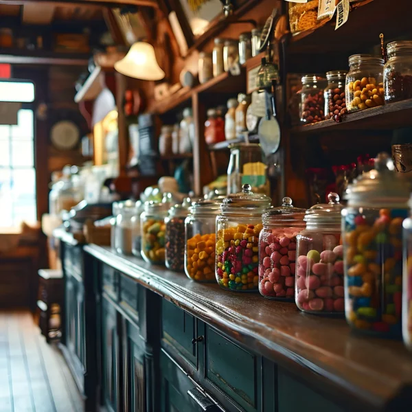 Vintage pick n mix sweet shop with jars of sweets on shelves
