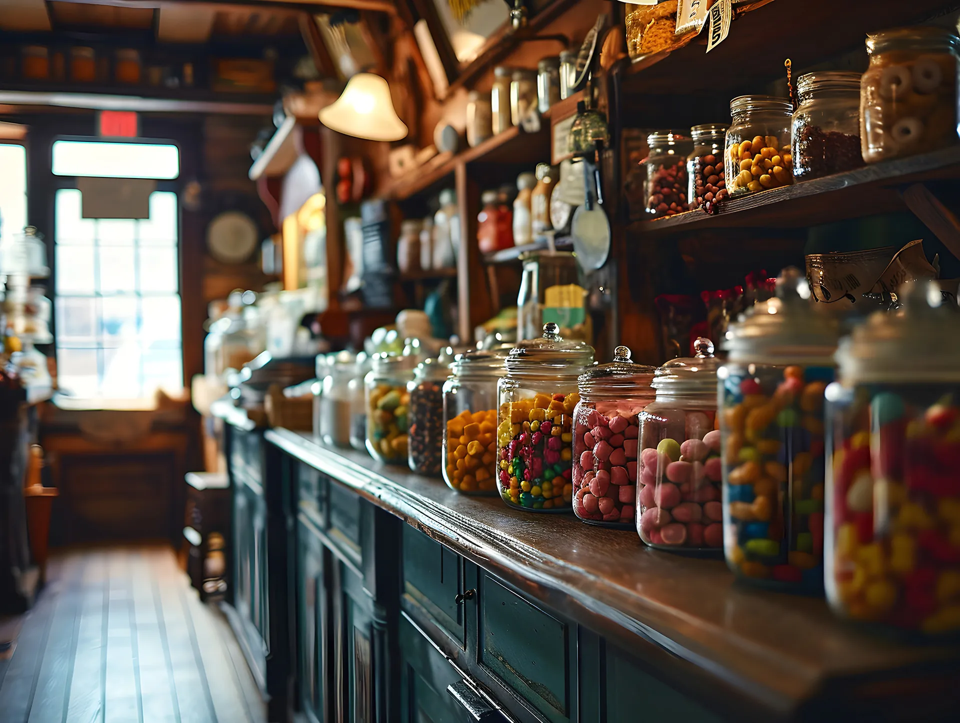 Vintage pick n mix sweet shop with jars of sweets on shelves