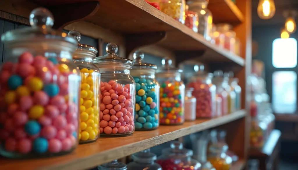 Ready Made Sweet Mixes — wooden shelves lined with classic glass apothecary jars filled with brightly coloured boiled sweets in pink, yellow, orange, turquoise and rainbow assortments, set in a warm, traditional sweet shop interior