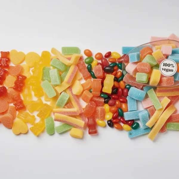 A colorful assortment of vegan pick n mix sweets is displayed in a clear bag, showcasing various shapes and flavors like strawberry and apple, all gluten-free and free from animal products. This delightful vegan sweets collection offers a satisfying mix of chewy and fizzy textures, perfect for sharing at parties or enjoying as a nostalgic treat.
