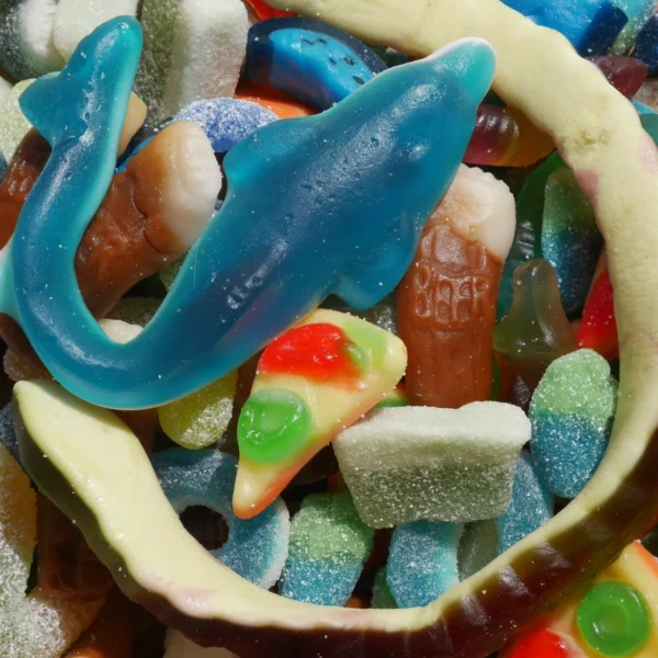 Father's Day pick 'n' mix sweet selection with jelly sharks, snakes, pizza slices and fizzy sweets