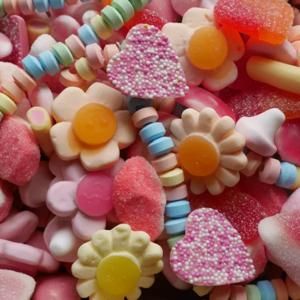 Hearts & Flowers pick 'n' mix sweet selection with pastel jelly hearts, candy flowers, marshmallows and candy necklaces