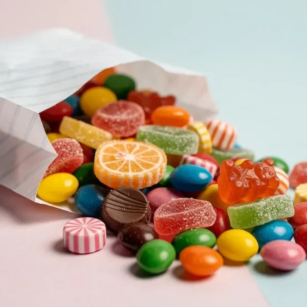 A paper bag filled with a vibrant selection of gluten free sweets showcases an array of colorful candies, each offering a delicious sweet taste. The individually wrapped treats in different flavours invite sharing and enjoyment among friends and family.