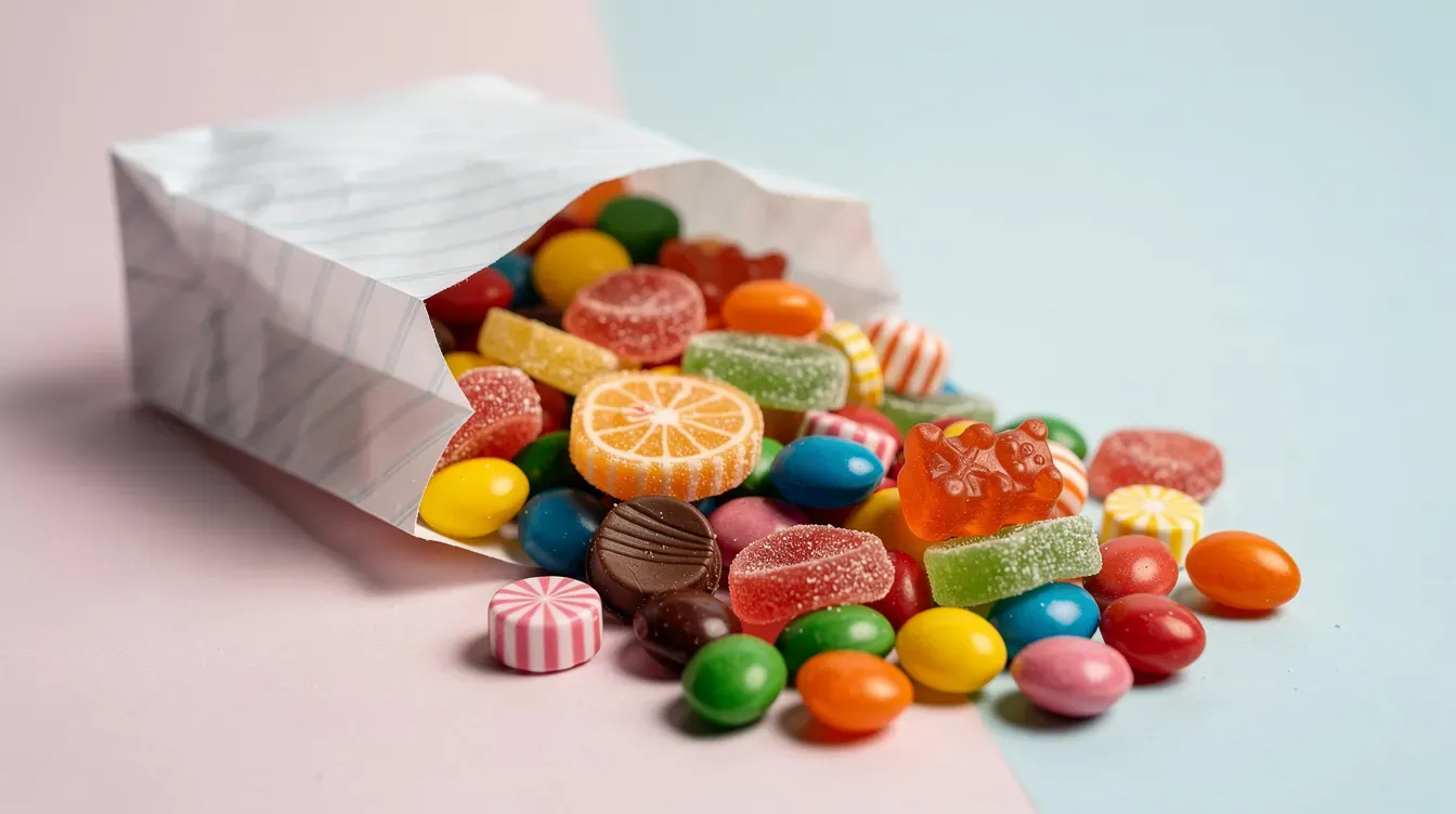 A paper bag filled with a vibrant selection of gluten free sweets showcases an array of colorful candies, each offering a delicious sweet taste. The individually wrapped treats in different flavours invite sharing and enjoyment among friends and family.