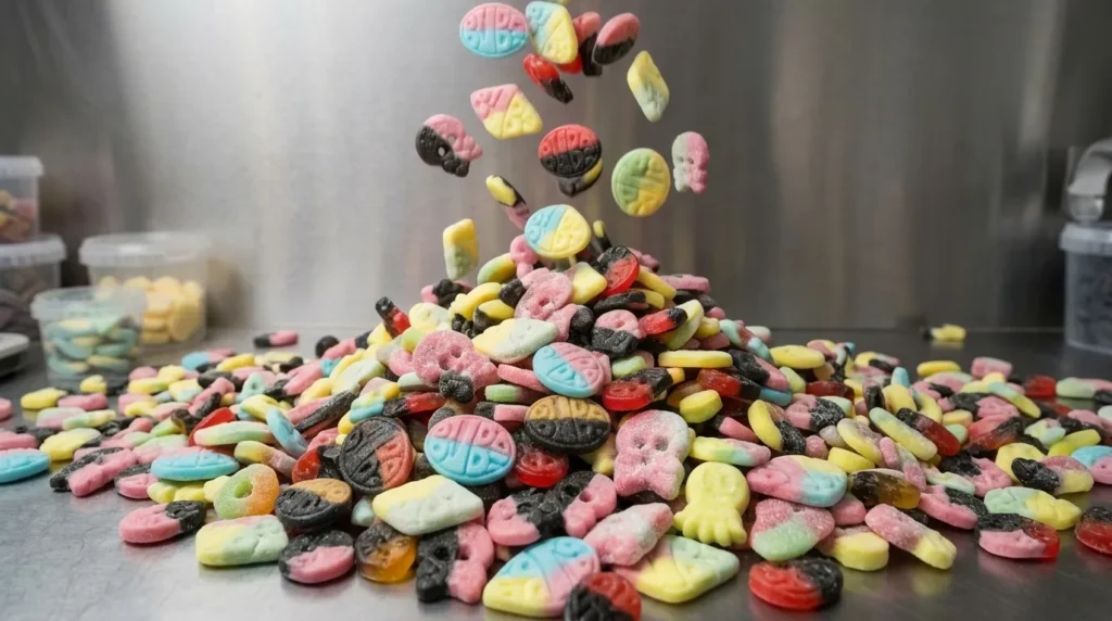 The image showcases a vibrant assortment of foam skull-shaped sweets and oval candies in bright pink, blue, and yellow, beautifully arranged in pick and mix scooping bins, perfect for satisfying your sweet tooth with delightful Swedish candy. The colourful display invites you to explore a range of chewy and sugary treats, making it an enticing experience for candy lovers.