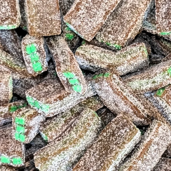 BROWN AND GREEN SUGAR COATED BLOCK SHAPED COLA FLAVOURED SWEETS